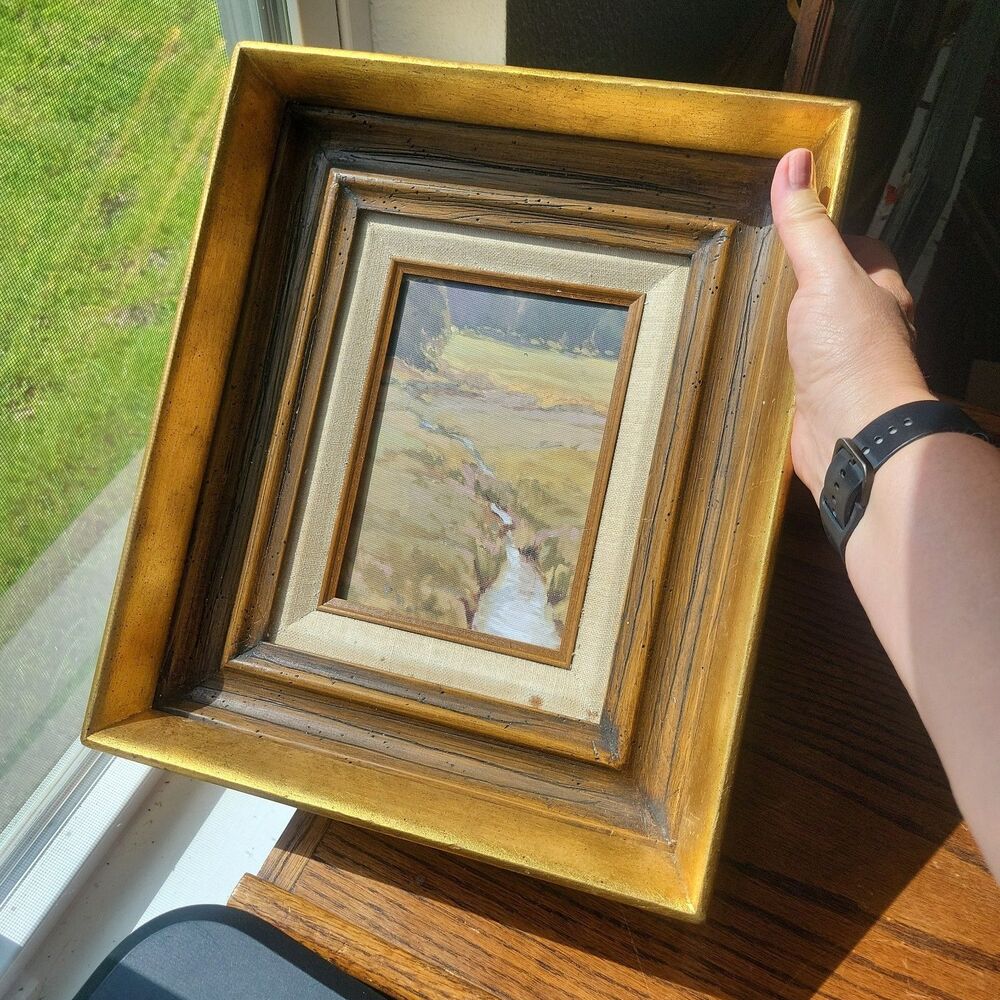 Vtg Multi Tiered gilded picture art frame Linen Matting Landscape print on Board